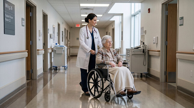 Doctor pushes elderly woman in wheelchair through hospital corridor