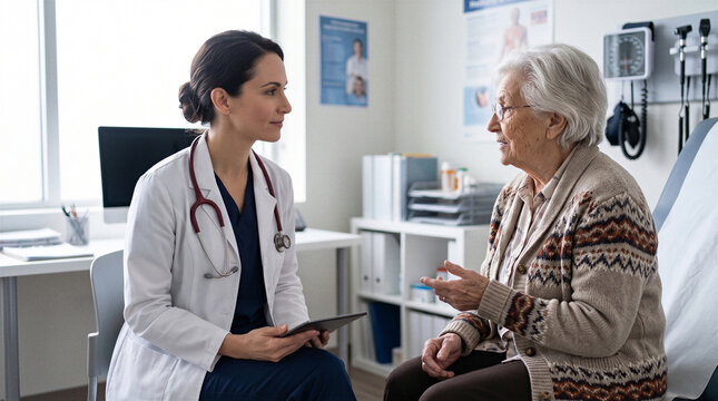 Female doctor consulting with elderly patient in examination room