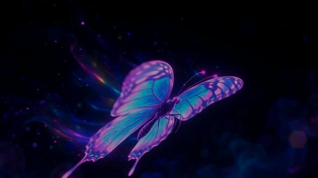 Glowing magical blue and purple butterfly flying with sparkling particles in dark cosmic background