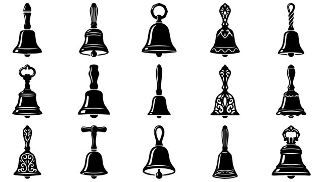 Set of black hand bells icons featuring various vintage designs for alarm and sound notification