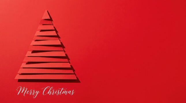Red papercraft christmas tree set against a solid background with paper craft with copy space