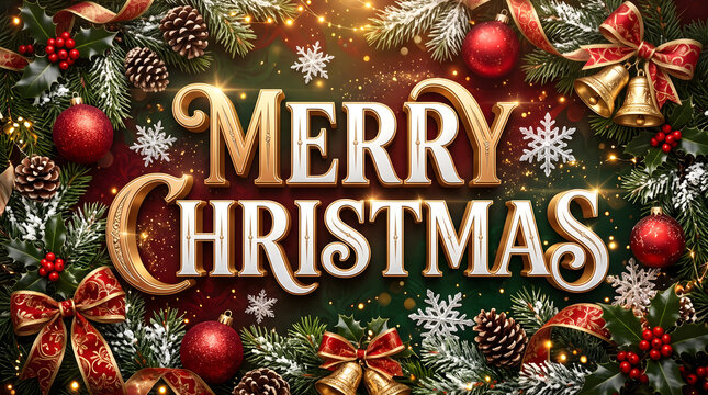 Lush holiday wreath frames dimensional Merry Christmas greeting text. Elegant celebratory design incorporates red ornaments, golden jingle bells and frosted fir branches for winter campaigns.