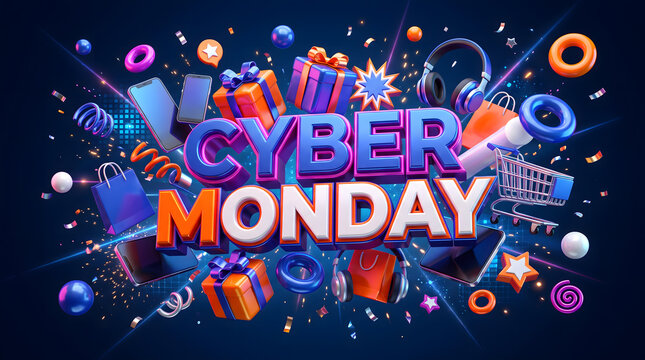 Festive Cyber Monday sign radiates energy alongside vibrant gift packages, floating shopping bags, mobile devices, metal supermarket cart, creating cheerful modern commerce illustration.