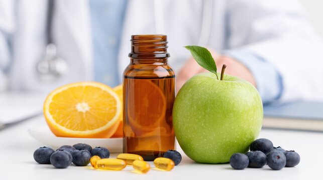 Amber supplement bottle with fruit and capsules against a softly blurred medical background