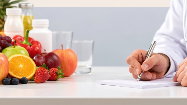Nutrition professional writing notes beside fresh fruit, bottled drinks, and water glasses