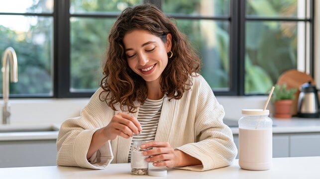 Woman in a cream robe takes a daily vitamin at a bright kitchen counter