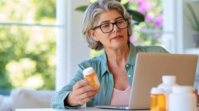 Mature woman in glasses examines a medicine bottle beside her laptop in a bright home