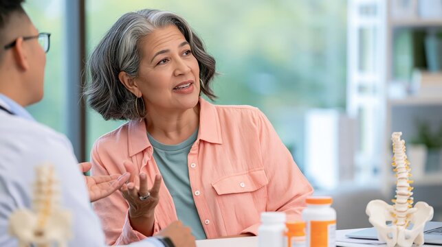 Silver-haired woman speaks with a healthcare professional during a clinic consultation