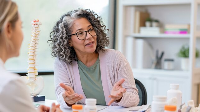Mature healthcare professional explains treatment during a consultation in a bright clinic