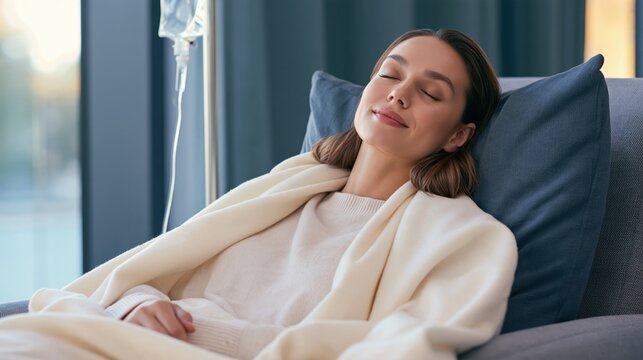Woman rests with eyes closed during IV treatment in a calm, softly lit clinic room