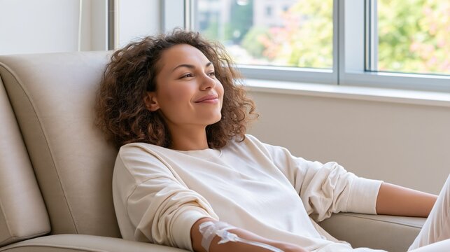 Relaxed woman receiving an intravenous infusion while resting in a recliner beside a bright window
