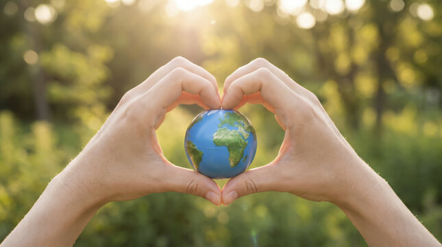 Gentle human hands shape heart symbol enclosing miniature globe outside, expressing deep ecological devotion and protection through warm gesture set under soft sunlit park tree canopy.