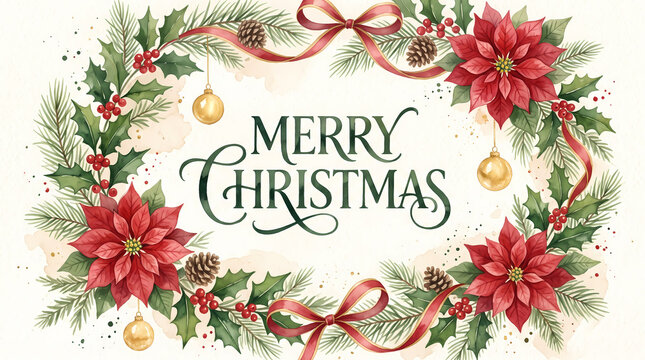 Festive watercolor Christmas greeting displays calligraphic Merry Christmas text surrounded by lush floral wreath, featuring red poinsettia blossoms, pine branches, ribbons and baubles.