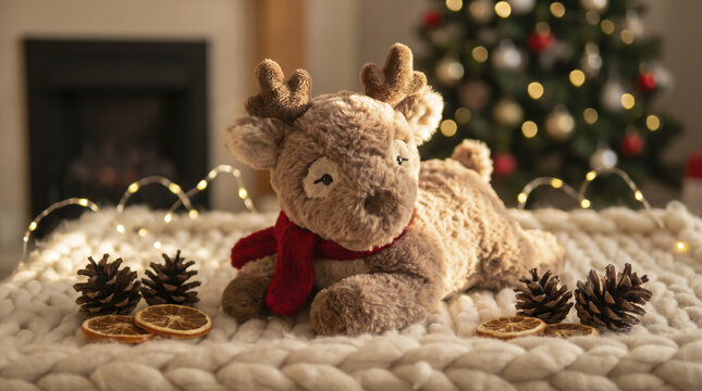 Stuffed reindeer toy reclines softly beside dried orange slices and pine cones upon chunky knit throw. Charming plush reindeer gazes forward amidst warm fairy lights and festive holiday decor.