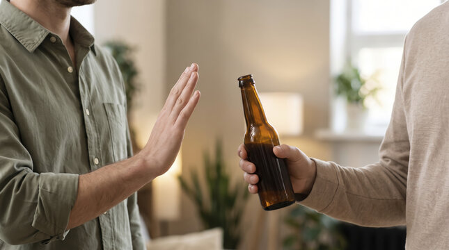 Adult man refuses offered beer bottle with raised hand gesture during indoor social gathering. Resolute individual signals decline toward friend, demonstrating sober lifestyle choice.