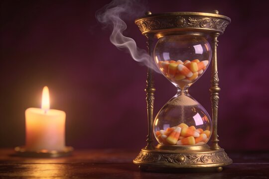 Ornate antique brass hourglass filled with tiny candy corn releases pale ghostly mist above dark polished wood in warm candle glow on deep plum