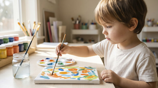 Attentive young boy paints colorful canvas board with slender paintbrush. Calm little artist explores painting techniques beside full palette tray in sunlit room during creative morning hours.