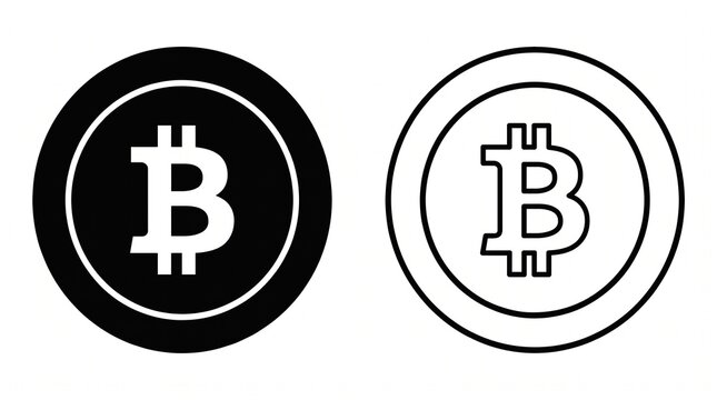 Minimalist bitcoin icons set, black and white cryptocurrency coin symbols, digital currency logo graphics for financial web design