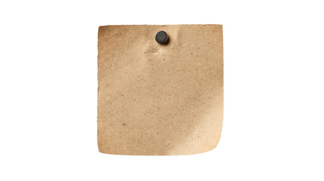 Blank brown kraft paper note held by a round metal thumbtack with a softly curled corner