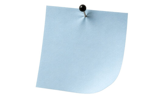 A black pushpin secures a pale blue note with a gently curved bottom edge