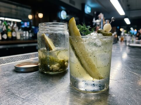 Pickle Brine Cocktail With Dill Garnish On Bar Counter