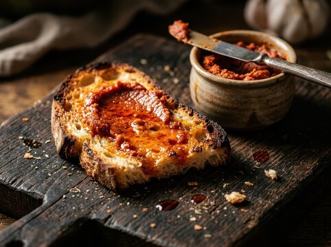 Nduja Toast With Spicy Spread Beside Serving Pot