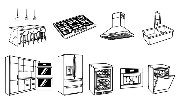Kitchen appliance set with island stove hood sink fridge and cabinets line art