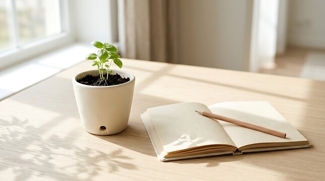 Small potted plant with notebook and pencil on wooden desk