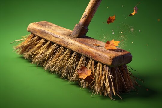 Old wooden broom with frayed straw bristles rests at an angle as dried autumn leaves and dust drift from the tips on a solid green background