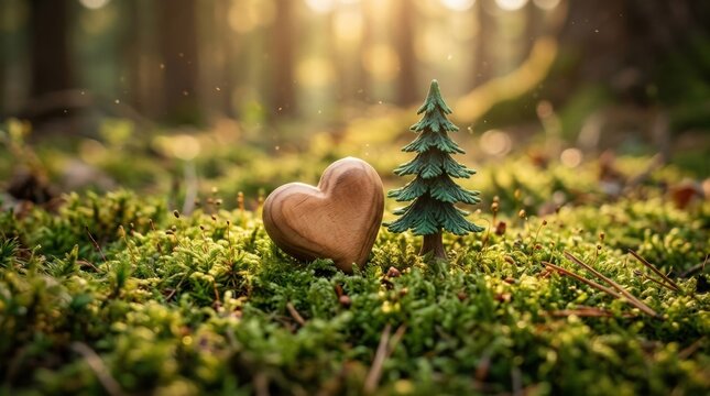 A small decorative wooden heart and a tiny miniature pine tree standing on a lush green forest moss floor