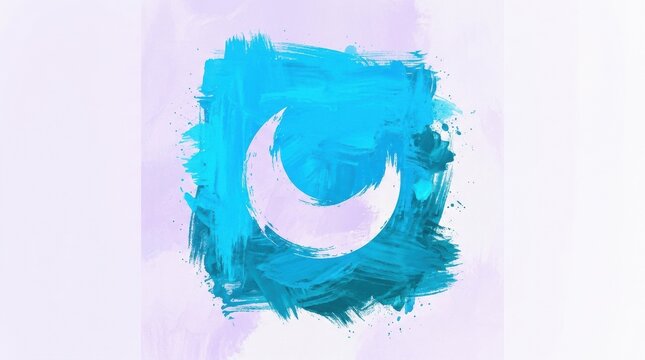 A vibrant blue square with a white crescent moon shape inside featuring a textured artistic brushstroke paint effect design