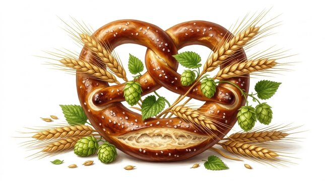 A delicious traditional german pretzel decorated with fresh green hop cones and golden wheat ears on white background