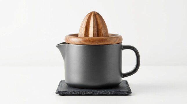 Modern gray citrus juicer with a halved orange on a light neutral background kitchen appliance
