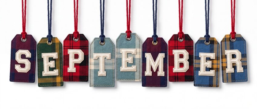 Word September spelled with stitched letters on colorful plaid fabric tags hanging on strings