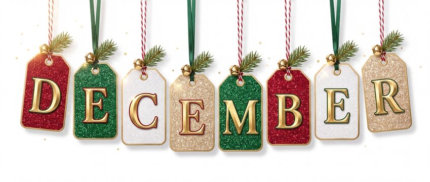 Festive holiday gift tags spelling the word December with glitter, ribbons, and pine sprigs on a white background
