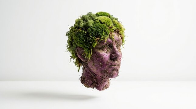 A human face formed from lush green leaves and vibrant purple flowers against a clean white background