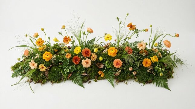 A long and lush floral arrangement featuring beautiful roses ranunculus and delicate greenery displayed on a clean white surface