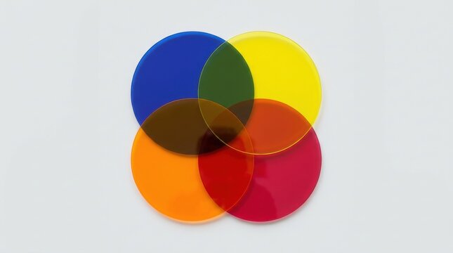 A colorful arrangement of overlapping circles featuring bright primary and secondary hues on a pale gray backdrop