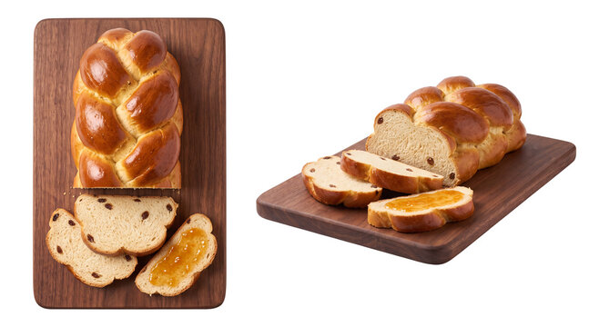 braided yeast bread with sweet raisins and fruit spread on a wooden board