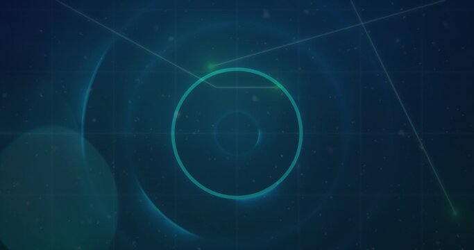 Dark blue field holding glowing rings and grid lines with translucent teal sphere, copy space
