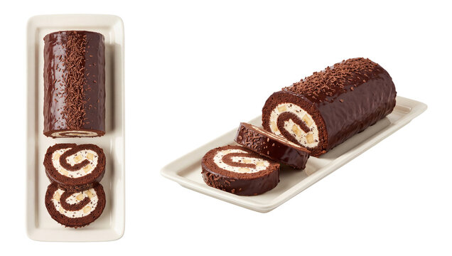 chocolate swiss roll cake filled with banana cream and topped with chocolate curls
