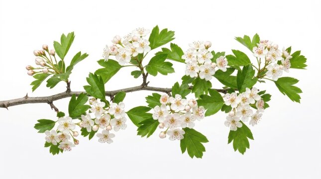 A beautiful blooming branch of common hawthorn with white flowers and green leaves isolated on a white background
