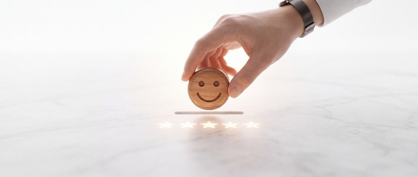 Close up hand putting a wooden smiley face coin into a slot with five glowing stars for premium customer satisfaction, business service rating feedback and high quality evaluation concept