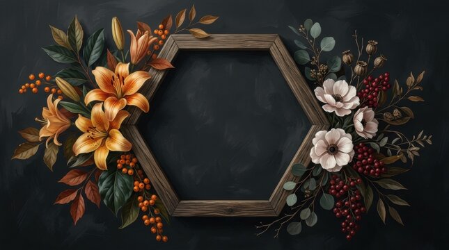 Elegant hexagonal wooden frame decorated with vibrant orange lilies and white flowers on a dark moody background for invitations