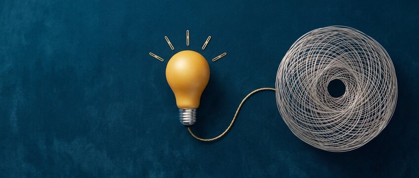 Concept of innovation and problem solving with a glowing yellow light bulb connected to a complex ball of silver wire on a textured blue background representing creative thinking and solutions.