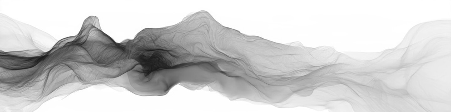 Abstract flowing wave of dark silk and smoke texture gracefully moving across a clean bright white background creating elegant curves and minimal motion graphics visual art piece design