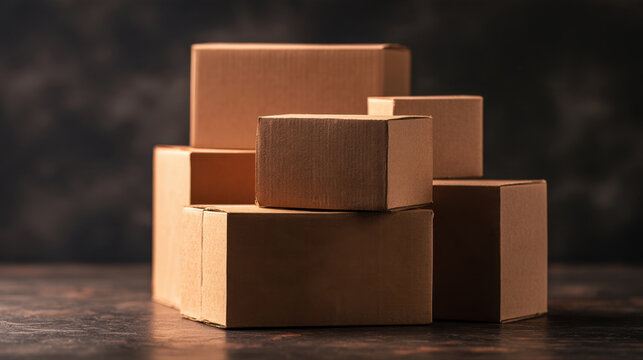 Stack of stacked brown cardboard shipping boxes and delivery parcels arranged neatly on a dark rustic wooden table surface ready for e-commerce logistics fulfillment and warehouse storage