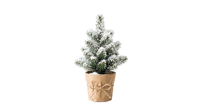 A snow-covered mini Christmas tree in a kraft paper pot, minimalist, soft shadow, white background