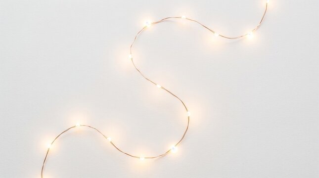 A string of warm white fairy lights curving in an S-shape, soft glow, no clutter, white background