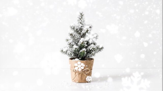 A snow-covered mini Christmas tree in a kraft paper pot with snow fall on white background